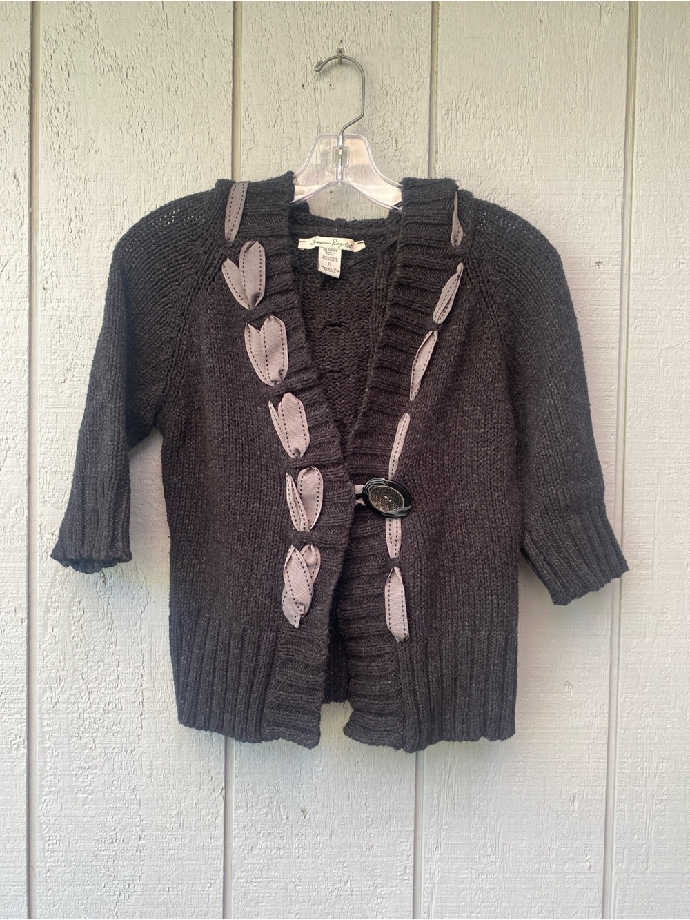 Cotton Blend Dark Gray Ruffle Trim Cardigan Sweater - Picture 1 of 3